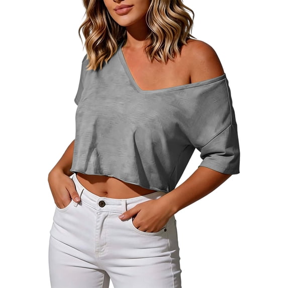 off the Shoulder Tops Oversized Short Sleeve Crop Tee Shirt Casual Loose Workout T-Shirt Summer Gray XXL(XXL)