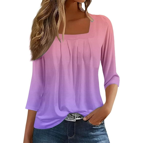 office Blouses for Women for Work, Yigetop A Vintage Solid Color T Shirt with A Square Neck for Ladies A Casual Pleated Loose and Flowing Three Quarter Sleeve Top Women Long Sleeve Blouse Purple M