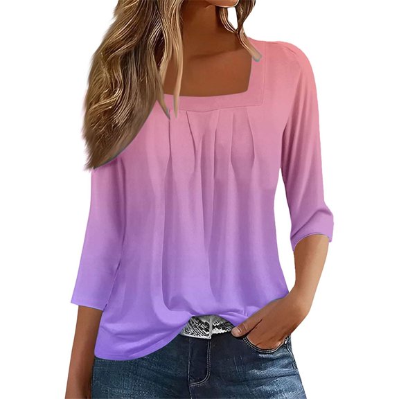office Blouses for Women for Work, Yigetop A Vintage Solid Color T Shirt with A Square Neck for Ladies A Casual Pleated Loose and Flowing Three Quarter Sleeve Top Women Long Sleeve Blouse Purple M