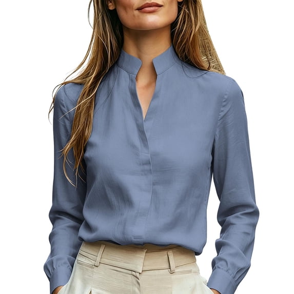 office Business Women Stand Split V Neck Linen Pullover Blouse, Long Sleeve Lightweight Solid Casual Work Top Blue-A L(L)