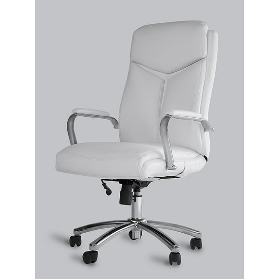 office factor leather executive rolling swivel chair with chrome metal components, comfortable padded armrests & adjustable gaslift (white)