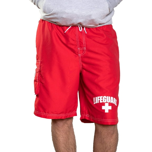 officially licensed red lifeguard men's board shorts swim trunks with side pocket, men and boys, great for beach & pool