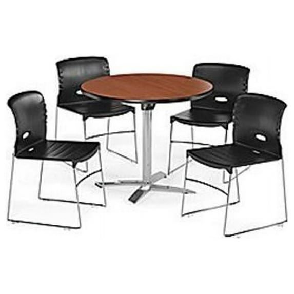 ofm multi-use break room package, 42" round table with contract chairs, gray nebula finish with chrome-plated steel base and black seats (pkg-brk-106)
