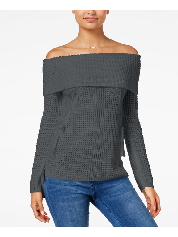 juniors' lace-up off-the-shoulder sweater (medium grey, s)
