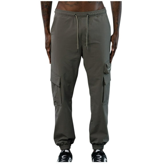 ohmzyzo Cargo Pants for Men Loose Solid Color Jogger Pants Elastic Waist Drawstring Workout Sweatpants Outdoor Workout Trousers with Pockets Dark Gray S