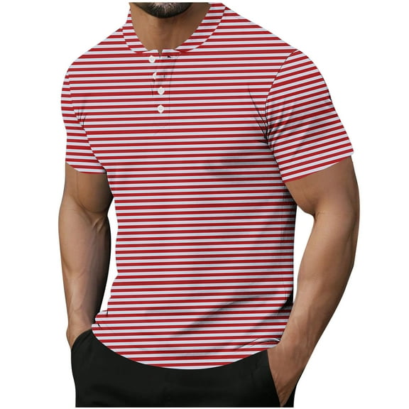 ohmzyzo Henley Shirts for Mens Striped Print Short Sleeve T-Shirts Summer Casual Regular Fit Tee Tops with Buttons Red M