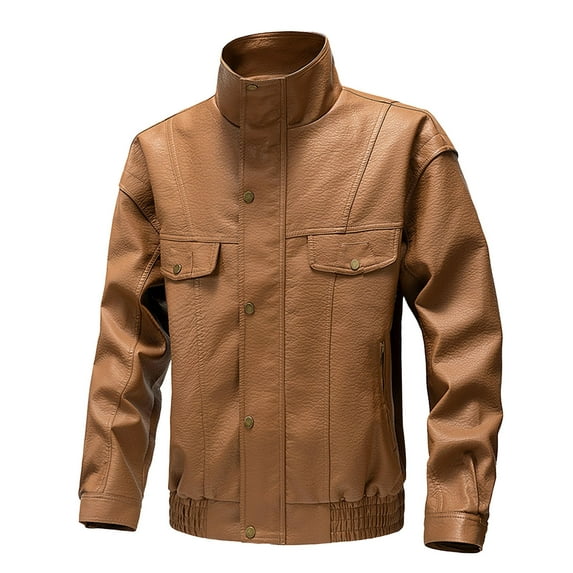 ohmzyzo Leather Jackets for Men Slim Fit Motorcycle Trucker Coats Stand Up Collar Button Down Tops Windproof Solid Color Outerwear Khaki XL
