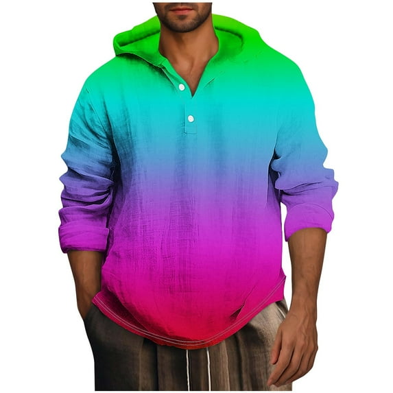 ohmzyzo Lightweight Hooded Sweatshirt for Men Casual Long Sleeve Gradient Color Pullover Tops Loose Fit Button Down Hoodies Shirt Hot Pink L