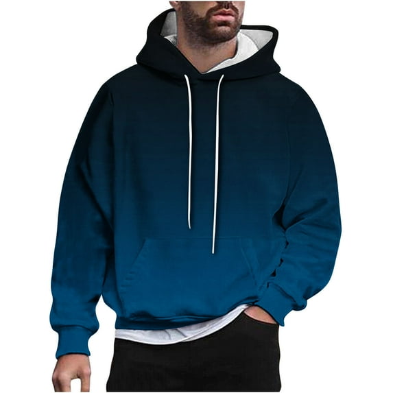 ohmzyzo Long Sleeve Hoodies for Men Casual Drawstring Pullover Heavyweight Fleece Lined Hoodie Mens Gradient Color Hooded Sweatshirt Navy Blue XL