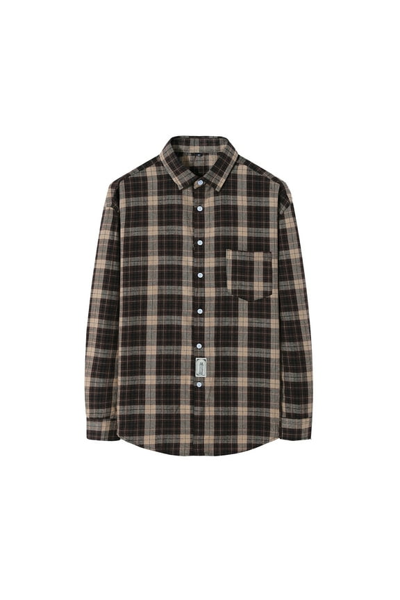 Long Sleeve Plaid Shirt for Men Casual Lapel Flannel Spring Fall Button Down Loose Fit Shacket with Pocket Brown L