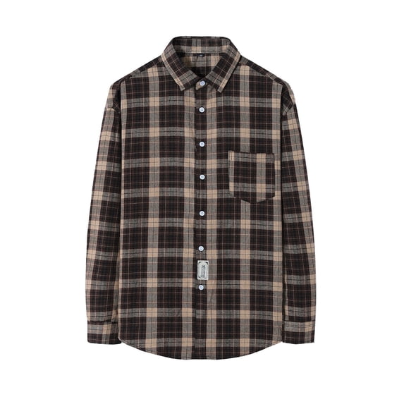 ohmzyzo Long Sleeve Plaid Shirt for Men Casual Lapel Flannel Spring Fall Button Down Loose Fit Shacket with Pocket Brown XL