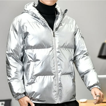 ohmzyzo Men Winter Warm Jackets Street Stand Collar Thicken Slim Coats Casual Windproof Jackets Winter Thermal Zipper Coat with Pockets Silver M