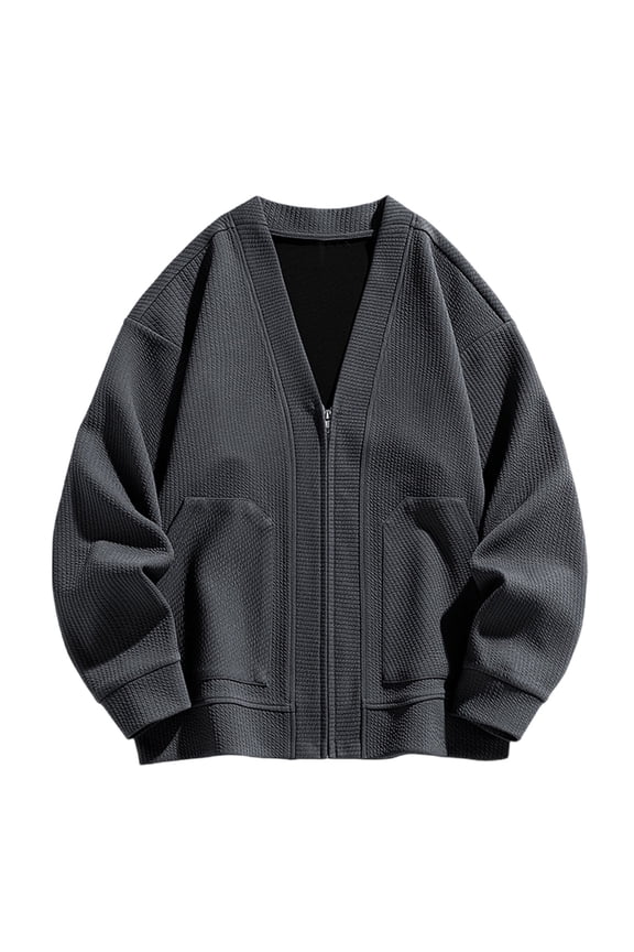 Men's Cardigan Sweaters Full Zip V Neck Knitted Sweater Jacket Casual Solid Color Winter Warm Coats with Pockets Gray 7XL