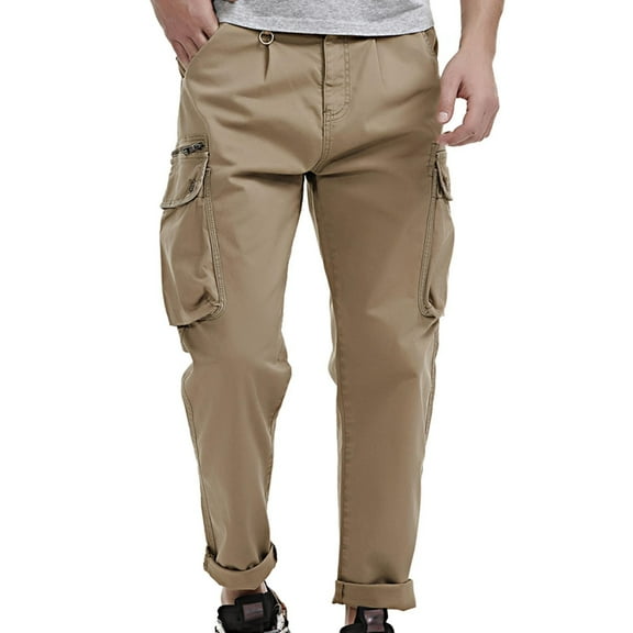 ohmzyzo Men's Cargo Pants Cotton Hiking Sweatpants Casual Athletic Sports Pants Outdoor Solid Color Loose Trousers with Pockets Khaki 4XL