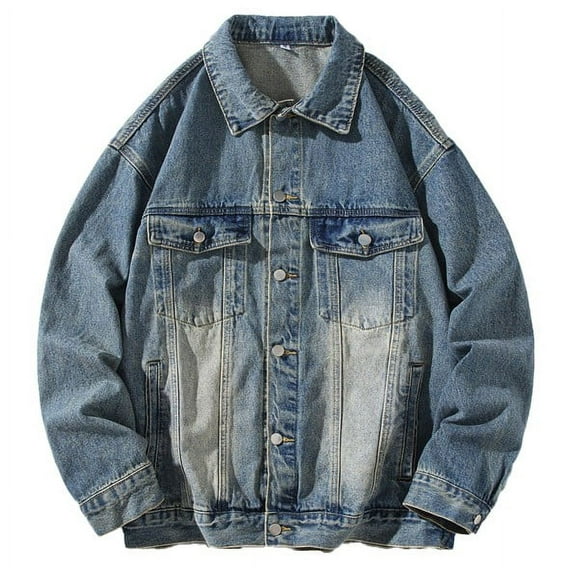 ohmzyzo Men's Casual Denim Jackets Classic Fit Vintage Western Cowboy Trucker Coats Turndown Collar Button Down Tops Windproof Outerwear Blue M