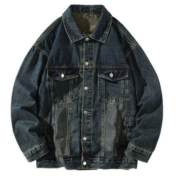 ohmzyzo Men's Casual Denim Jackets Classic Fit Vintage Western Cowboy Trucker Coats Turndown Collar Button Down Tops Windproof Outerwear Dark Blue XXL