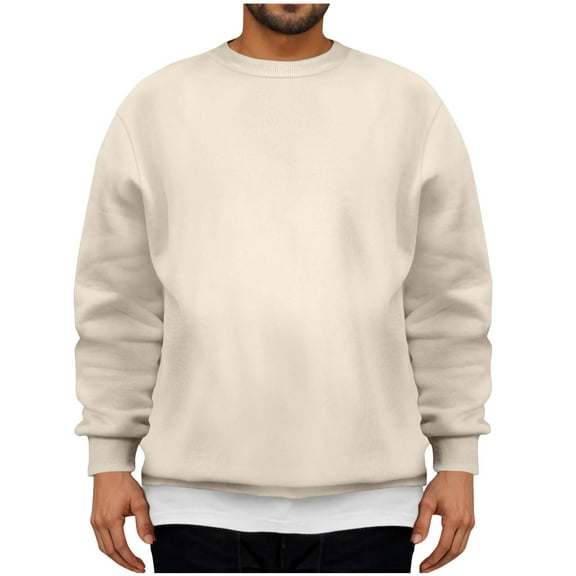 ohmzyzo Men's Casual Long Sleeves Sweatshirts Crewneck Cotton Pullover Sweatshirt for Men Loose Fit Solid Color Pullover Tops Khaki L