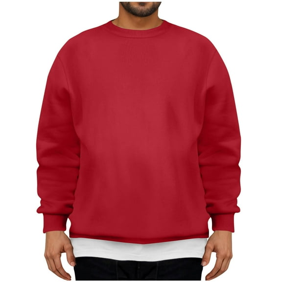 ohmzyzo Men's Casual Long Sleeves Sweatshirts Crewneck Cotton Pullover Sweatshirt for Men Loose Fit Solid Color Pullover Tops Red S