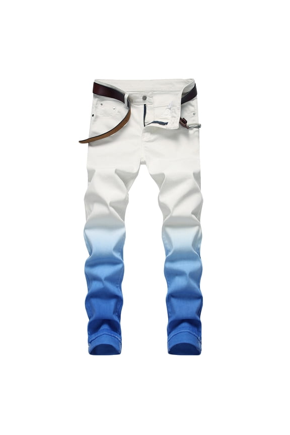 Men's Casual Printed Jeans Skinny Gradient Color Denim Pants Slim Fit Stretch Outdoor Trousers Casual Flat Front Streetwear Blue S