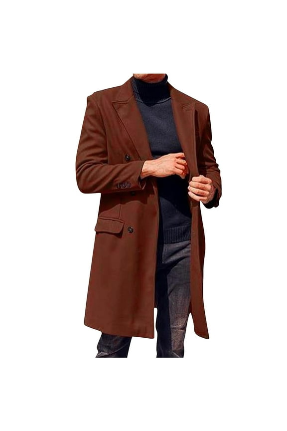Men's Casual Trench Coats Slim Fit Notched Collar Long Jackets Single Breasted Pea Coats Solid Color Overcoats with Pockets Coffee L