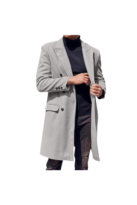 Men's Casual Trench Coats Slim Fit Notched Collar Long Jackets Single Breasted Pea Coats Solid Color Overcoats with Pockets Gray M