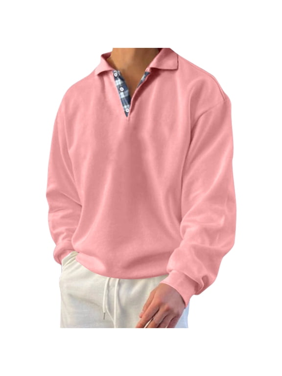 Men' s Classic Polo Shirt Long Sleeve Pullover Gentleman Loose Fit Sweatshirts Lightweight Casual Tops Solid Color T Shirt Pink M