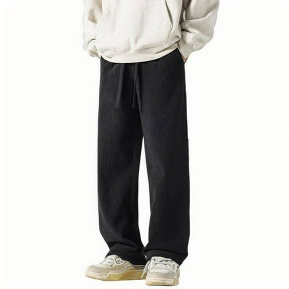ohmzyzo Men's Corduroy Pants Elastic Waist Drawstring Harem Pants Loose Casual Long Trousers Solid Color Sweatpants with Pockets Black