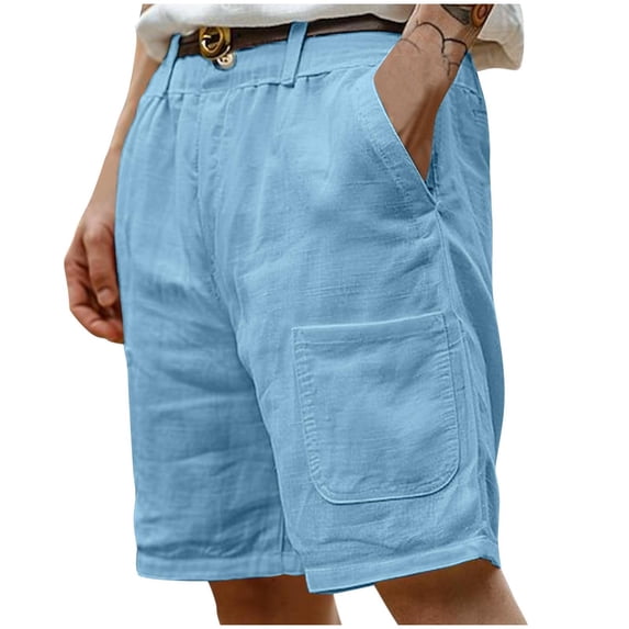 ohmzyzo Men's Cotton Linen Shorts Casual Button Elastic Waist Summer Beach Vacation Shorts with Multi-Pocket
