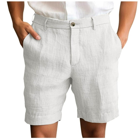ohmzyzo Men's Cotton Linen Shorts Solid Color Casual Pocket Half Shorts Button Zipper Dress Pants with Pockets