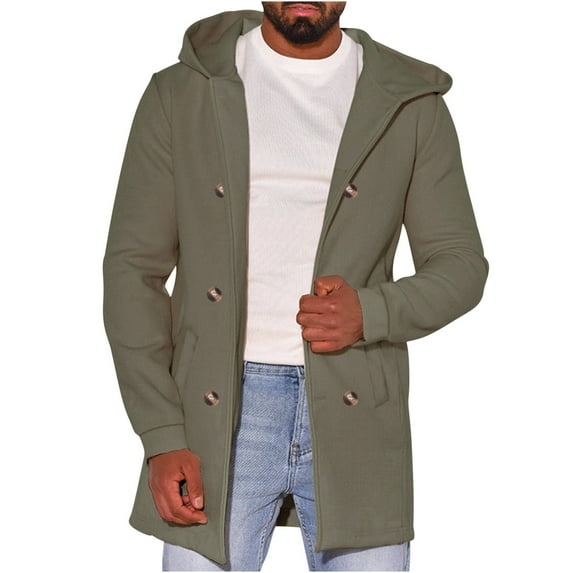 ohmzyzo Men's Double Breasted Pea Coats Classic Hood Warm Windproof Coats Winter Thermal Outerwear Jackets Loose Fit Solid Color Tops Army Green XXL