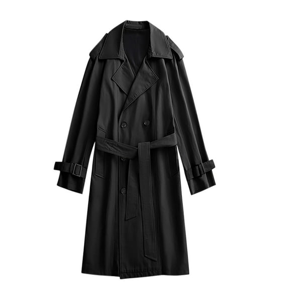 ohmzyzo Men's Double Breasted Trench Coat Oversized Casual Windbreaker Lapel Long Jacket Overcoat with Pockets Black L