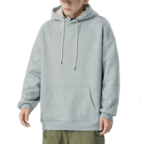 ohmzyzo Men's Drawstring Hooded Sweatshirt Fleece Lined Long Sleeve Pullover Tops Casual Loose Solid Color Fall Winter Hoodies with Pocket Gray XXL