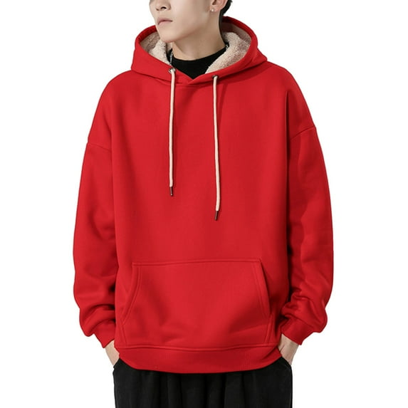 ohmzyzo Men's Drawstring Hooded Sweatshirt Fleece Lined Long Sleeve Pullover Tops Casual Loose Solid Color Fall Winter Hoodies with Pocket Red XL