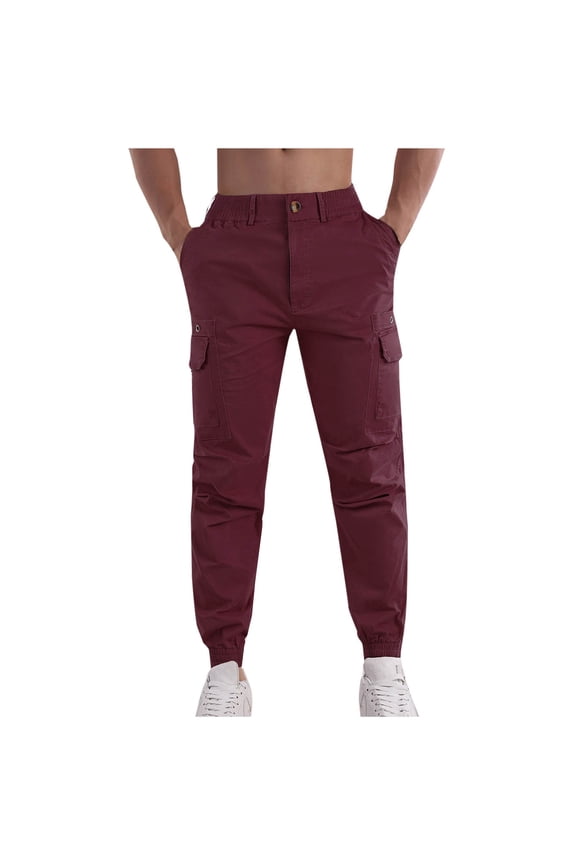Men's Flat Front Cargo Joggers Slim Fit Stretch Pants Lightweight Skinny Casual Tapered Sweatpants Solid Color Cropped Trousers with Pockets Red S
