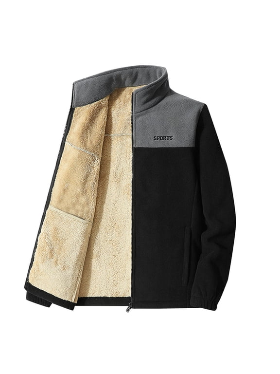 Men's Fleece Jackets Full Zip Lightweight Outdoor Hiking Jackets Winter Stand Collar Coats Thermal Long Sleeve Tops Black 3XL