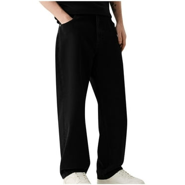 ohmzyzo Men's Hip Hop Denim Jeans Loose Fit Vintage Pants Straight Wide Leg Trousers Casual Solid Color Jeans Black