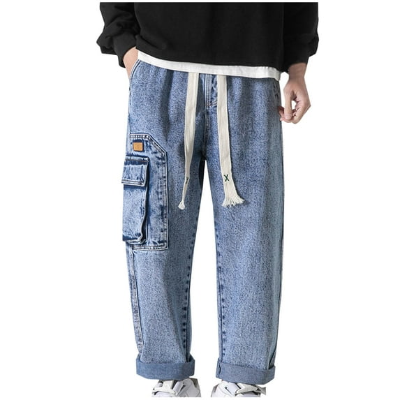 ohmzyzo Men's Hip Hop Jean Joggers Loose Fit Streetwear Straight Wide Leg Baggy Jeans Pants Stylish Solid Color Cargo Denim Pants Light Blue XXL