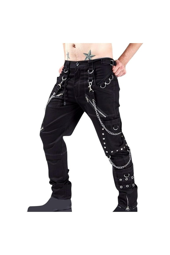 Men's Hiphop Rock Trousers Punk Gothic Pants Sport Hiking Cotton Casual Cargo Pants Regular Fit Solid Color Trousers with Pockets L