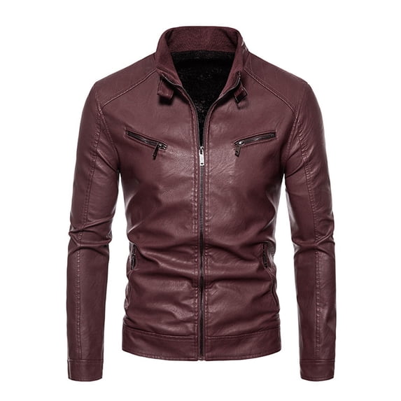 ohmzyzo Men's Jackets Spring Winter Mens Slim Fit Motorcycle Biker Warm Jacket Coats Casual Plus Size PU Leather Jacket Dark Red XL