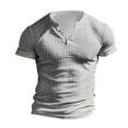 thumbnail image 1 of ohmzyzo Men's Knit Henley Shirts Short Sleeve Texture V Neck T-Shirts Casual Slim Fit Button Down Tees Lightweight Solid Color Tops Gray S, 1 of 5