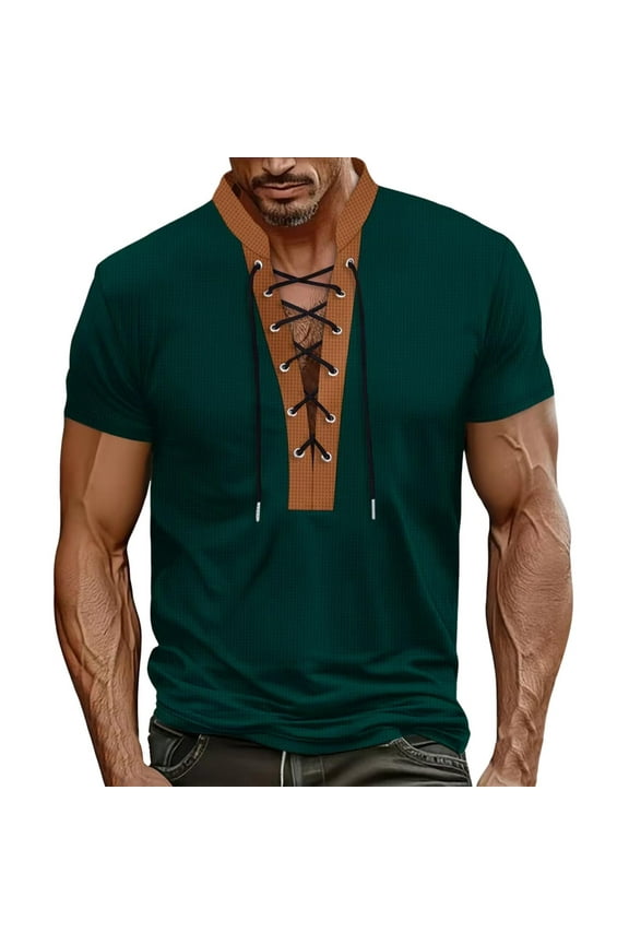 Men's Lace Up V Neck Short Sleeve Bohemian Hippie Kilt Medieval Summer Mens Vintage Sweatshirt