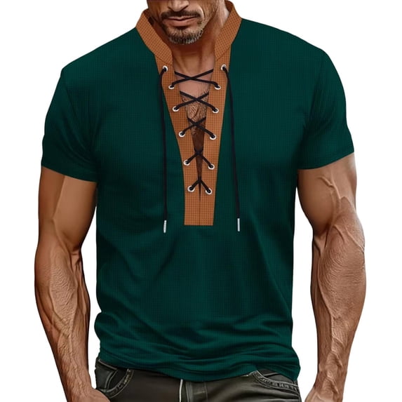 ohmzyzo Men's Lace Up V Neck Short Sleeve Bohemian Hippie Kilt Medieval Summer Mens Vintage Sweatshirt