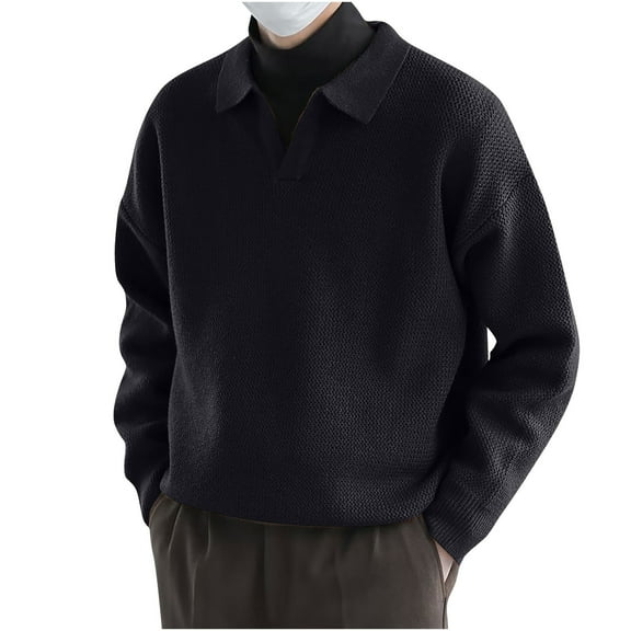 ohmzyzo Men's Lapel V Neck Sweater Long Sleeve Cable Knit Textured Sweater Casual Fall Winter Pullover Tops L