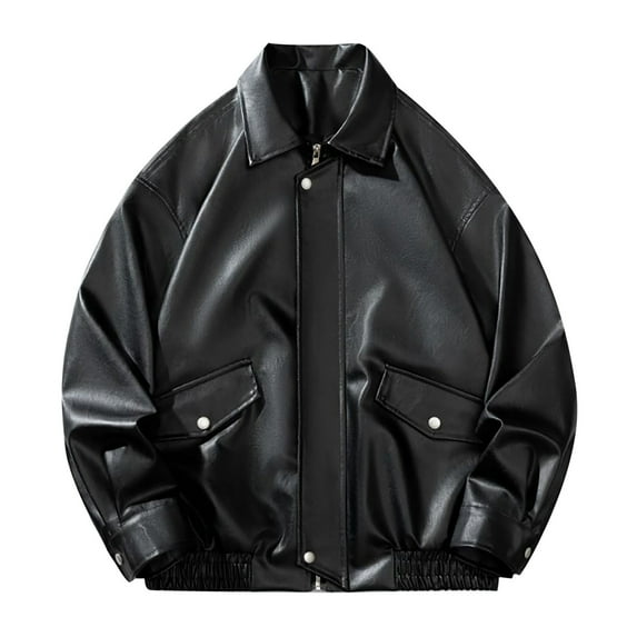 ohmzyzo Men's Leather Jackets Loose Fit Motorcycle PU Leather Coats Casual Full Zipper Windproof Tops Lapel Collar Baggy Outerwear XL