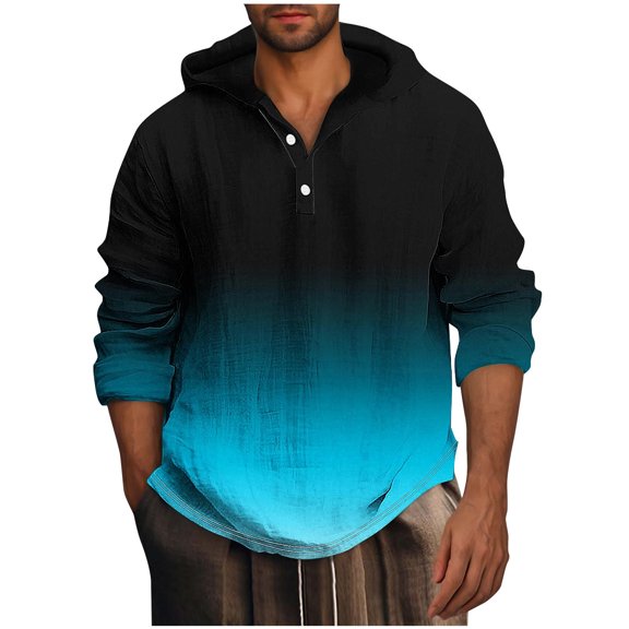 ohmzyzo Men's Linen Gradient Print Hoodies Button Down Long Sleeve Hooded Sweatshirt Fall Lightweight Tops Plus Size Hooded Shirt Sky Blue M