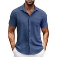 thumbnail image 1 of ohmzyzo Men's Linen Shirts Casual Button Down Business Tees Short Sleeve Beach T-Shirts Lapel Vacation Textured Outwear Tees with Pocket Dark Blue L, 1 of 5