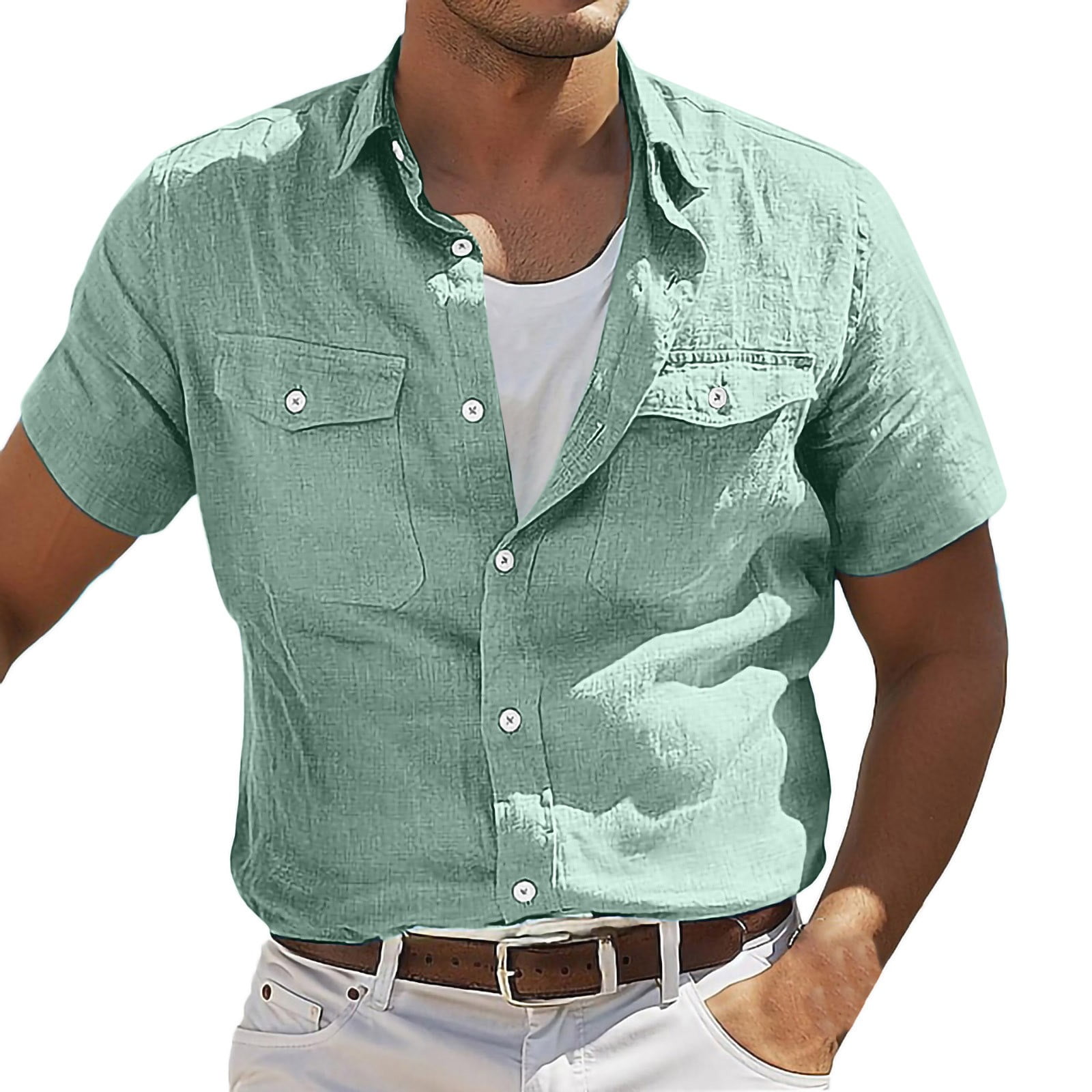 ohmzyzo-men-s-linen-short-sleeve-button-down-shirt-casual-lapel-collar