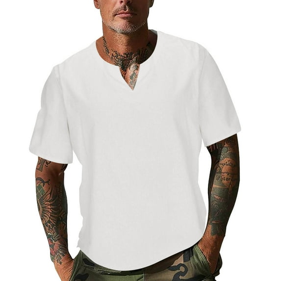 ohmzyzo Men's Linen V Neck Tees Lightweight Short Sleeve Shirts Fashion Solid Color Tops Beach Summer Henley Shirts Casual Yoga Workout Tops M