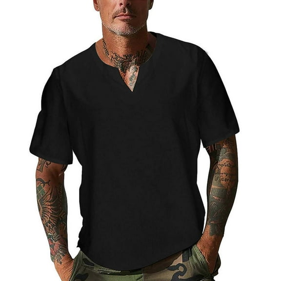 ohmzyzo Men's Linen V Neck Tees Lightweight Short Sleeve Shirts Fashion Solid Color Tops Beach Summer Henley Shirts Casual Yoga Workout Tops XXL