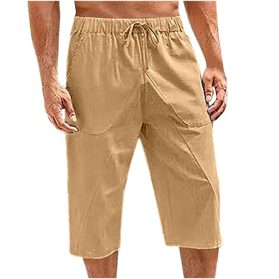 ohmzyzo Men's Long Shorts Knee Length 3/4 Baggy Pants Summer Drawstring Sport Golf Lounge Capri Pant with Pockets